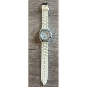 Women Geneva Silver Tone Bezel Round White Dial Silicone Band Analog Watch